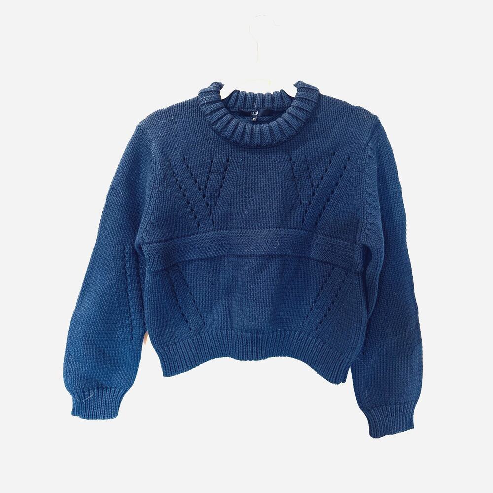 Tibi Cropped Crewneck Knit Sweater Cotton Blend M Cutout detail Navy